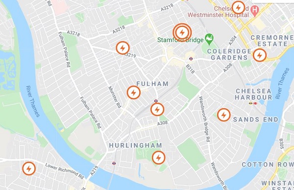 Map showing power cuts in Fulham